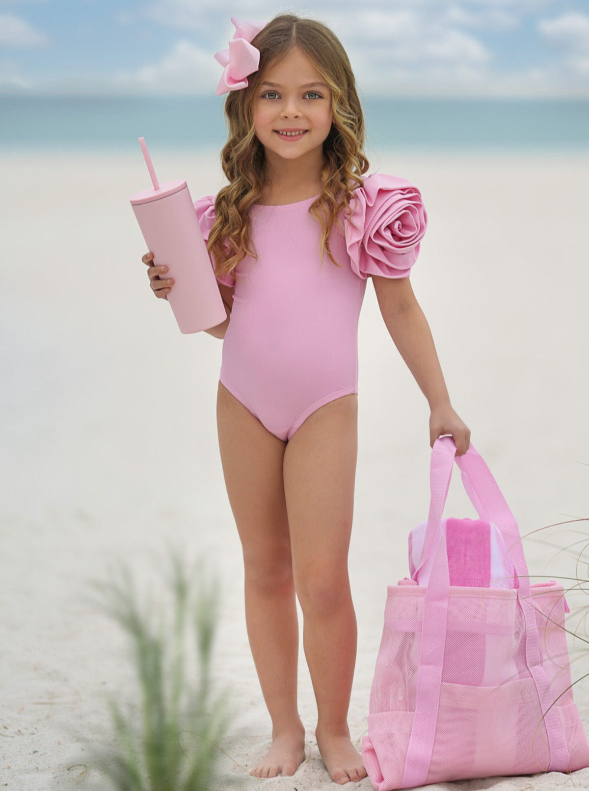Mia Belle Girls Swimwear | Rose Sleeve Light Pink One Piece Swimsuit