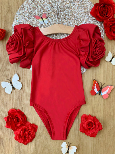 Mia Belle Girls Swimwear | Rose Sleeve Red One Piece Swimsuit