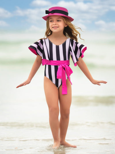 Mia Belle Girls Swimwear | Flare Sleeve Striped One Piece Swimsuit