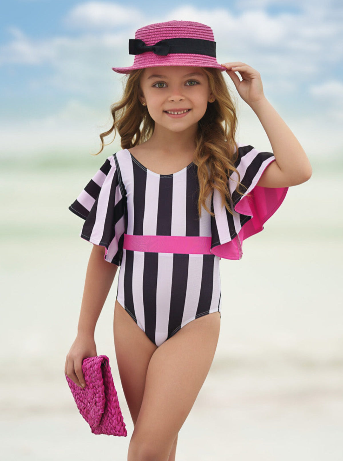 Mia Belle Girls Swimwear | Flare Sleeve Striped One Piece Swimsuit
