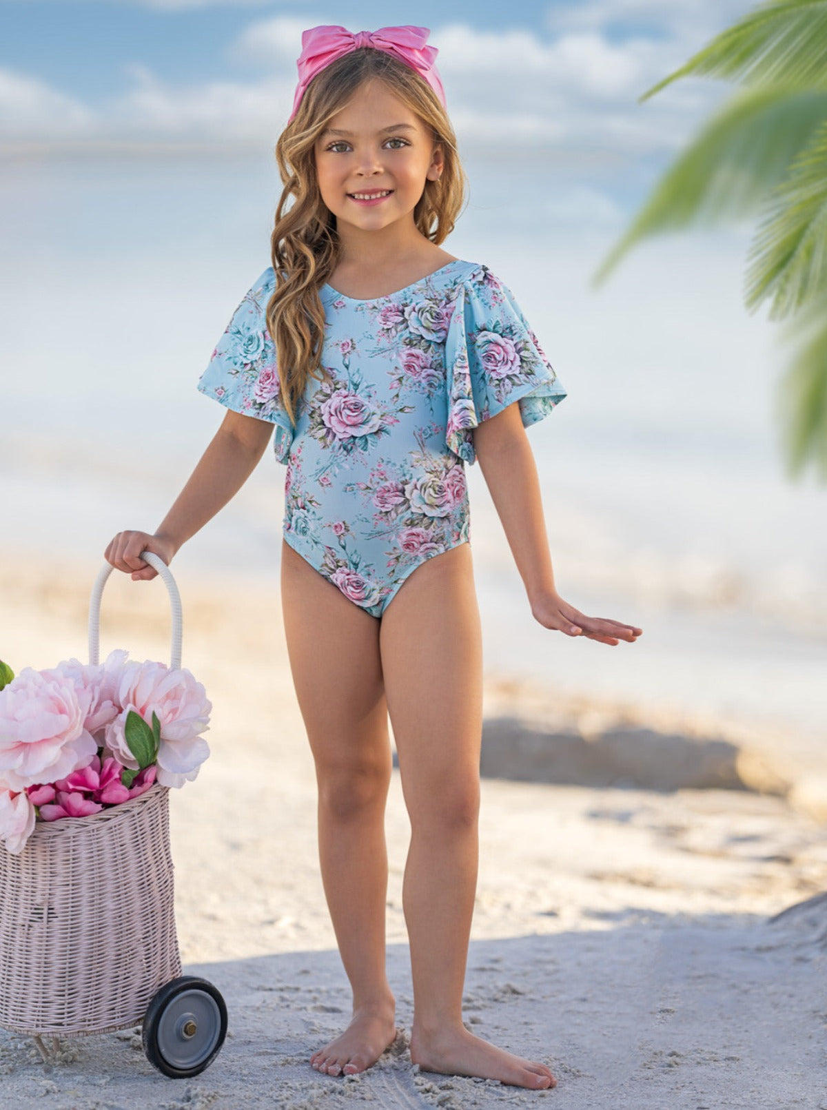 Mia Belle Girls Flare Sleeve Floral One Piece Swimsuit