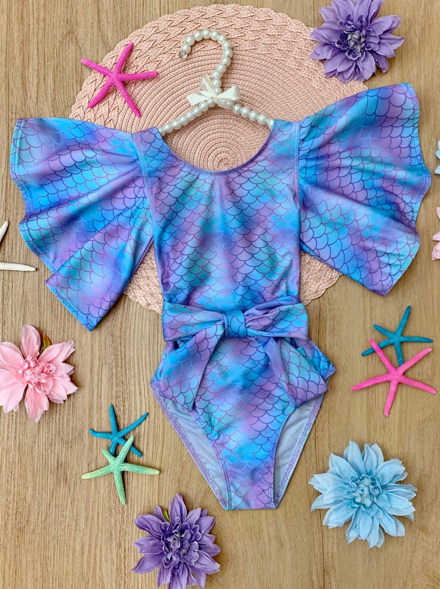 Mia Belle Girls Swimwear | Flare Sleeve Mermaid One Piece Swimsuit