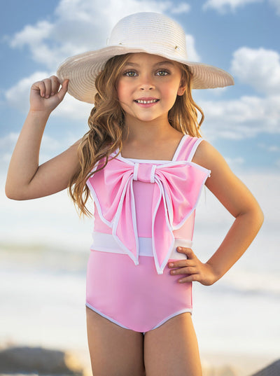 Mia Belle Girls Swimwear | Statement Bow Pink One Piece Swimsuit