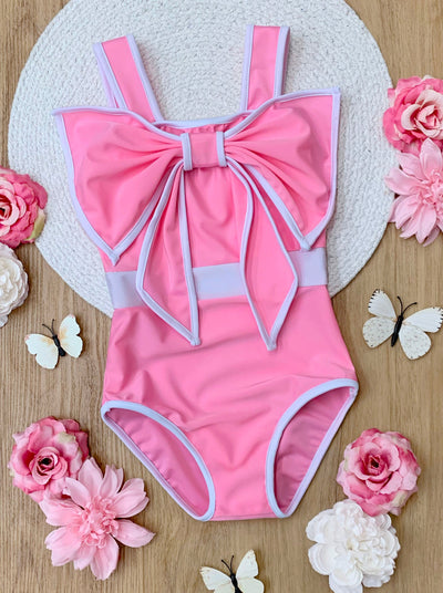 Mia Belle Girls Swimwear | Statement Bow Pink One Piece Swimsuit