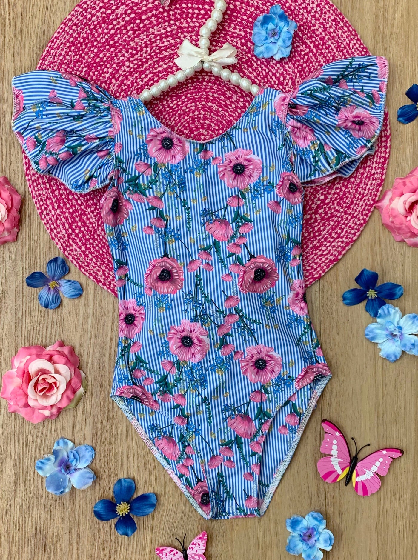 Mia Belle Girls Floral Pinstripe Cap Sleeve One Piece Swimsuit