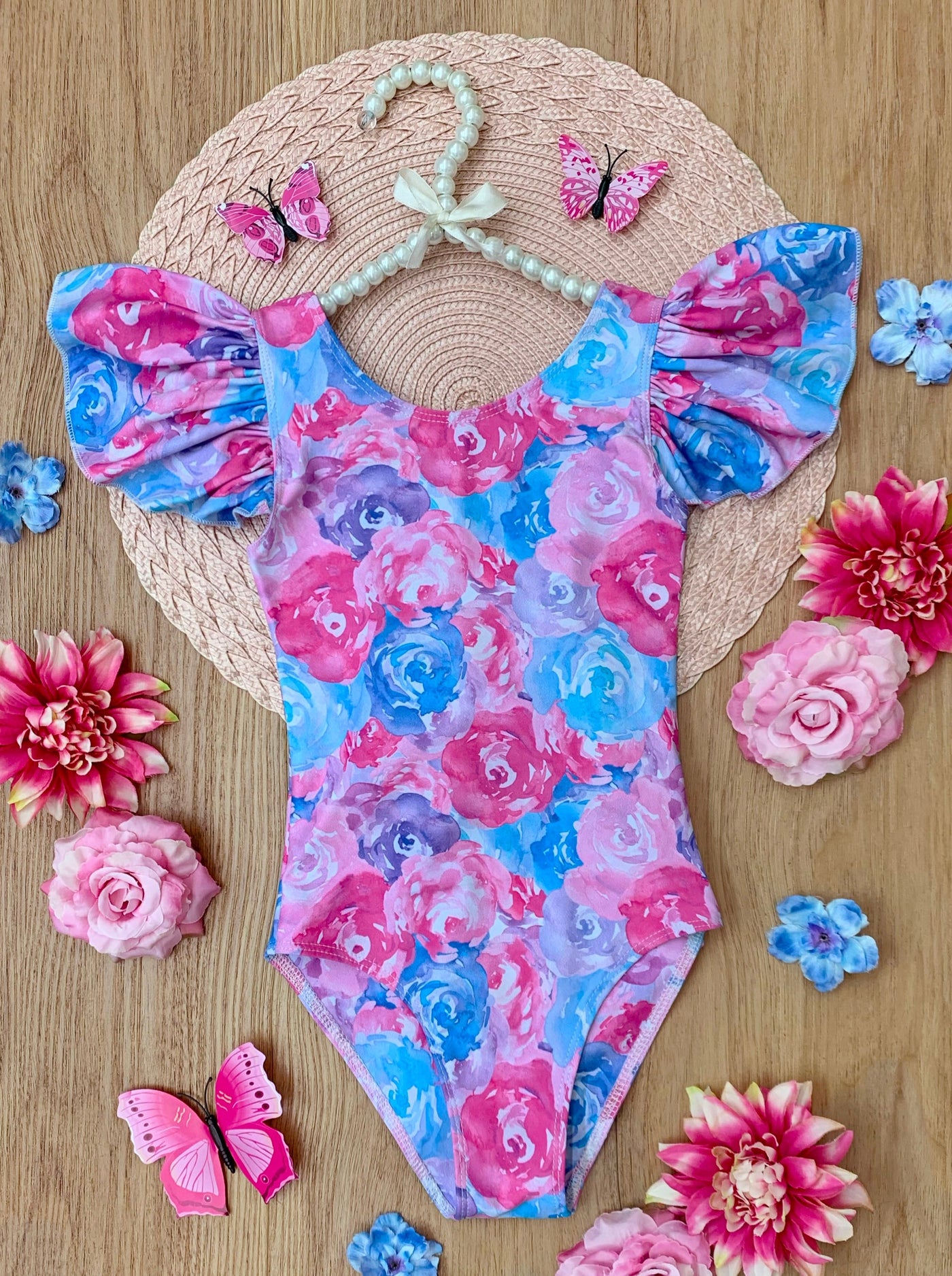 Mia Belle Girls Swimwear | Floral Flutter Sleeve One Piece Swimsuit