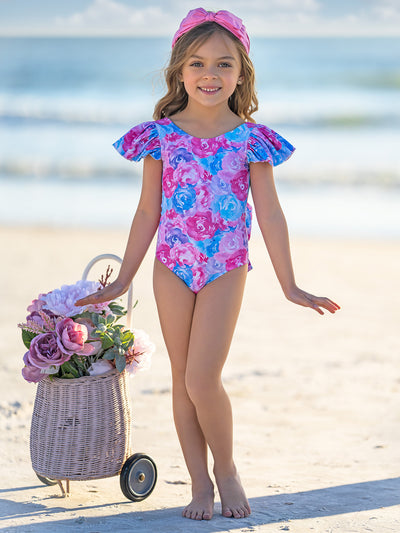 Mia Belle Girls Swimwear | Floral Flutter Sleeve One Piece Swimsuit