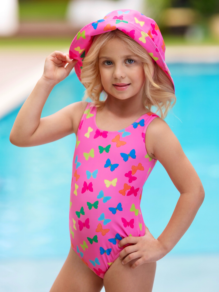 Butterfly Pink Bucket Hat & One-Piece Swimsuit