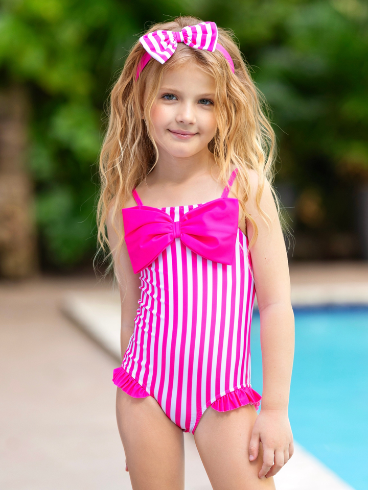 Seaside Stripes Pink Bow One-Piece Swimsuit