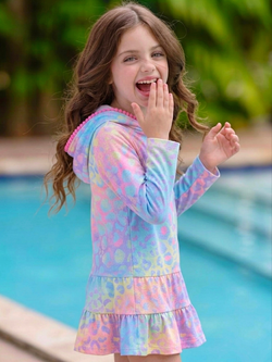 Rainbow Splash Hooded Terry Ruffle Cover Up
