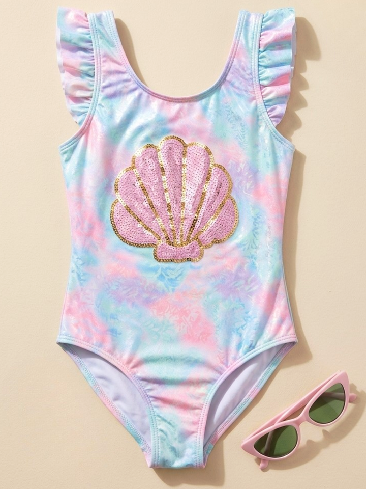 Girls beach swimsuit with sequin shell patch and ruffle sleeves