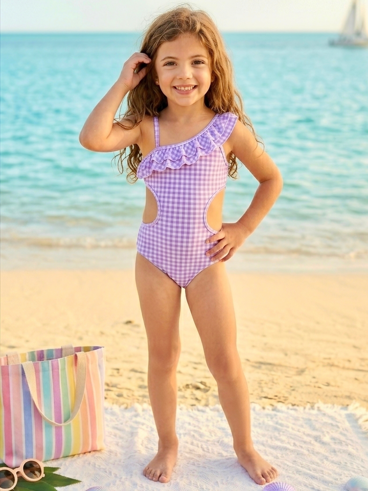 Kids summer swimwear gingham ruffle swimsuit