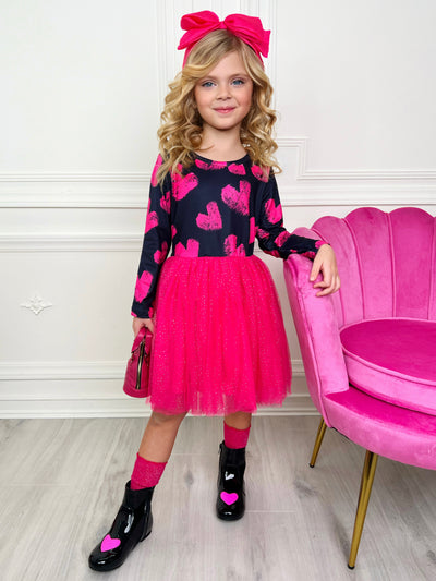Valentines Day Outfits | Girls Heart Print Sparkle Glitter Tutu Dress