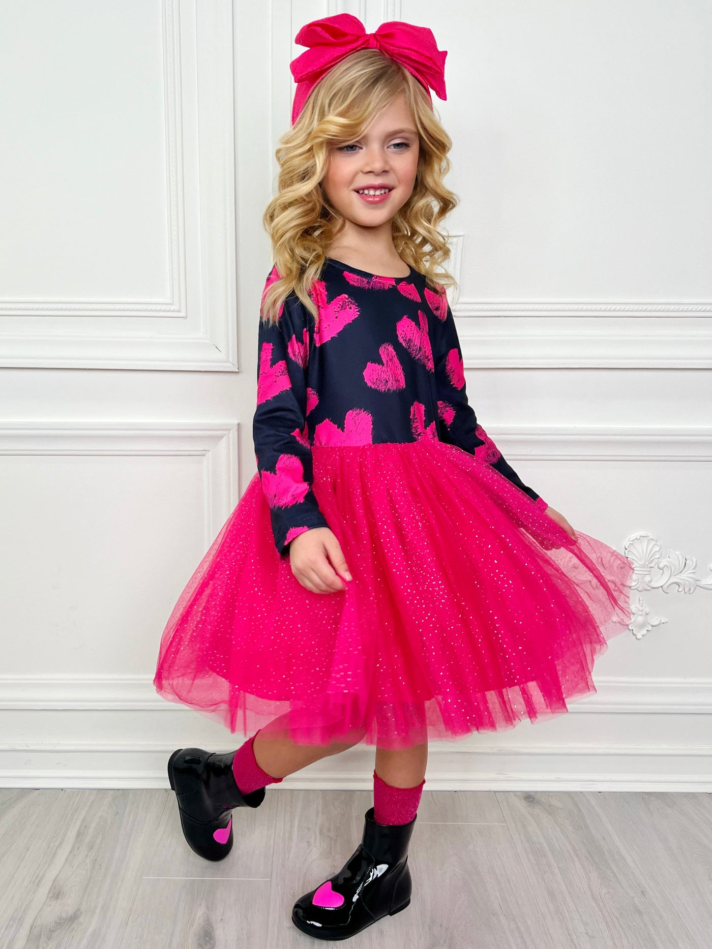 Valentines Day Outfits | Girls Heart Print Sparkle Glitter Tutu Dress