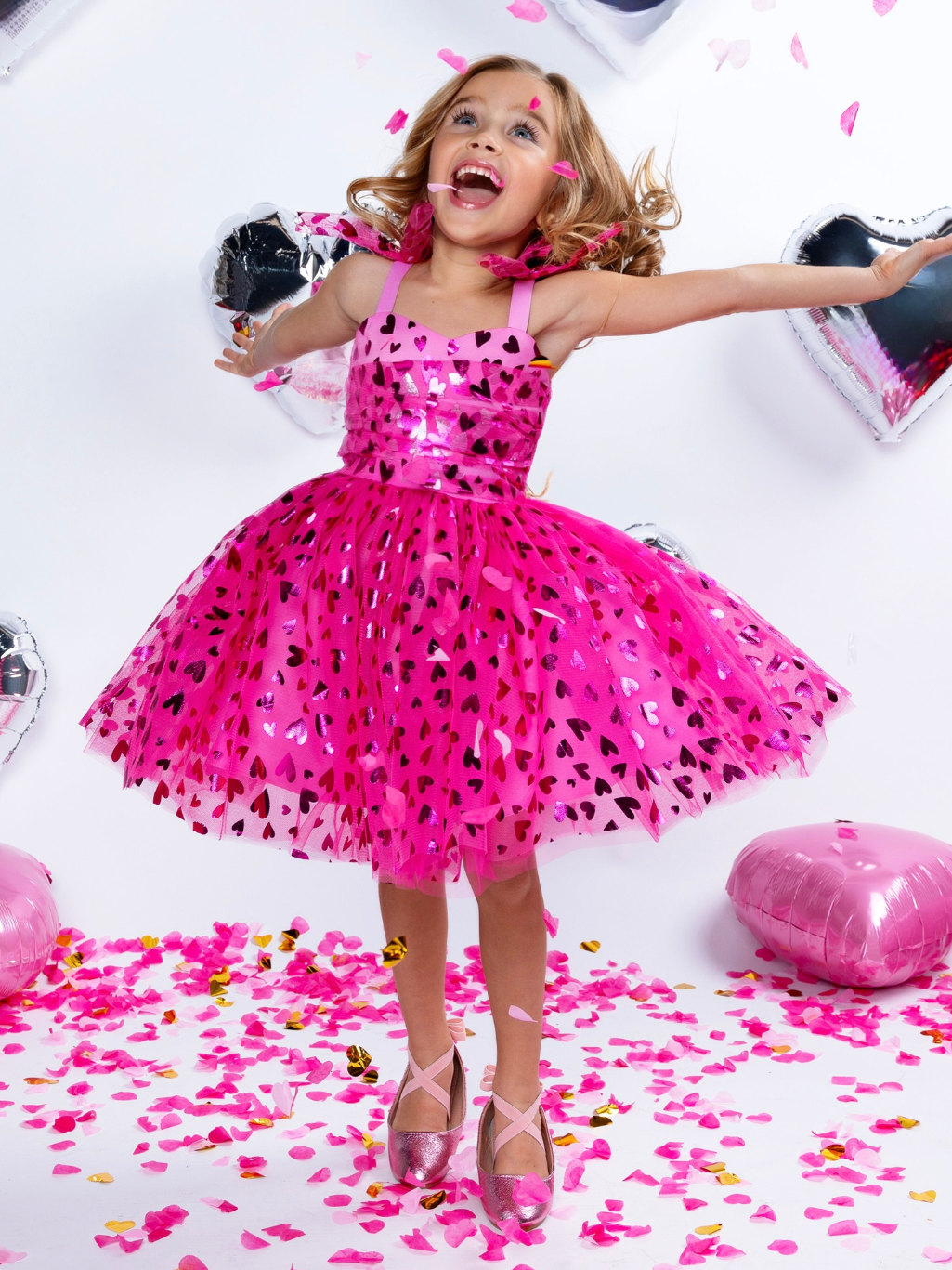 Sweet Sparkle Pink Foil Heart Tulle Dress