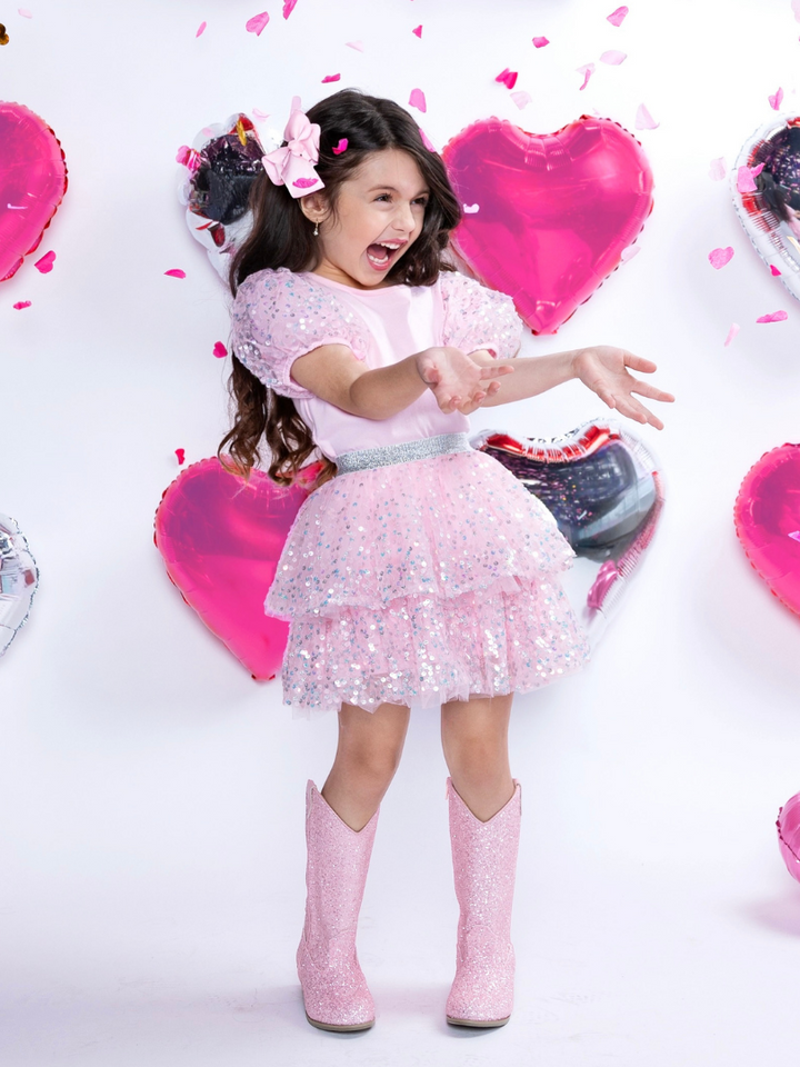 Sweet Shine Pink Top & Sequin Skirt Valentine’s Day Outfit