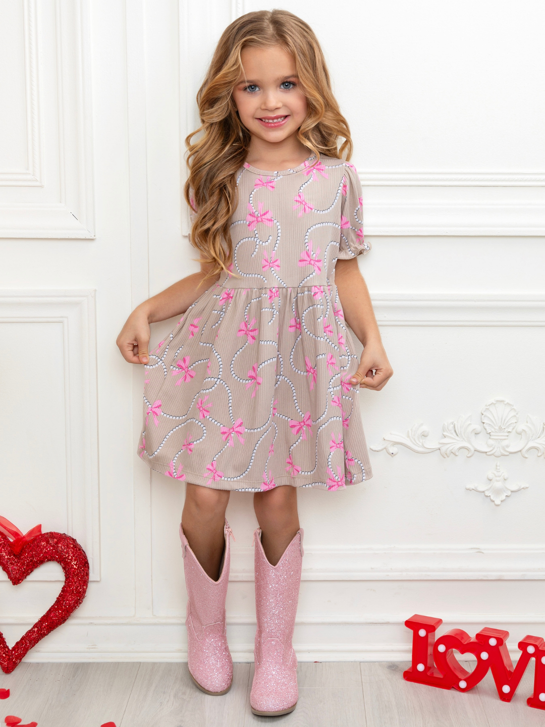 Bow Charm Beige Puff Sleeve Dress