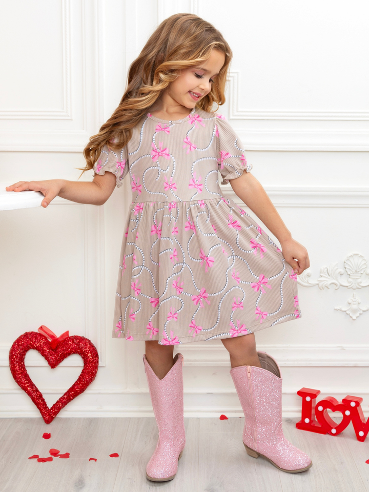 Bow Charm Beige Puff Sleeve Dress