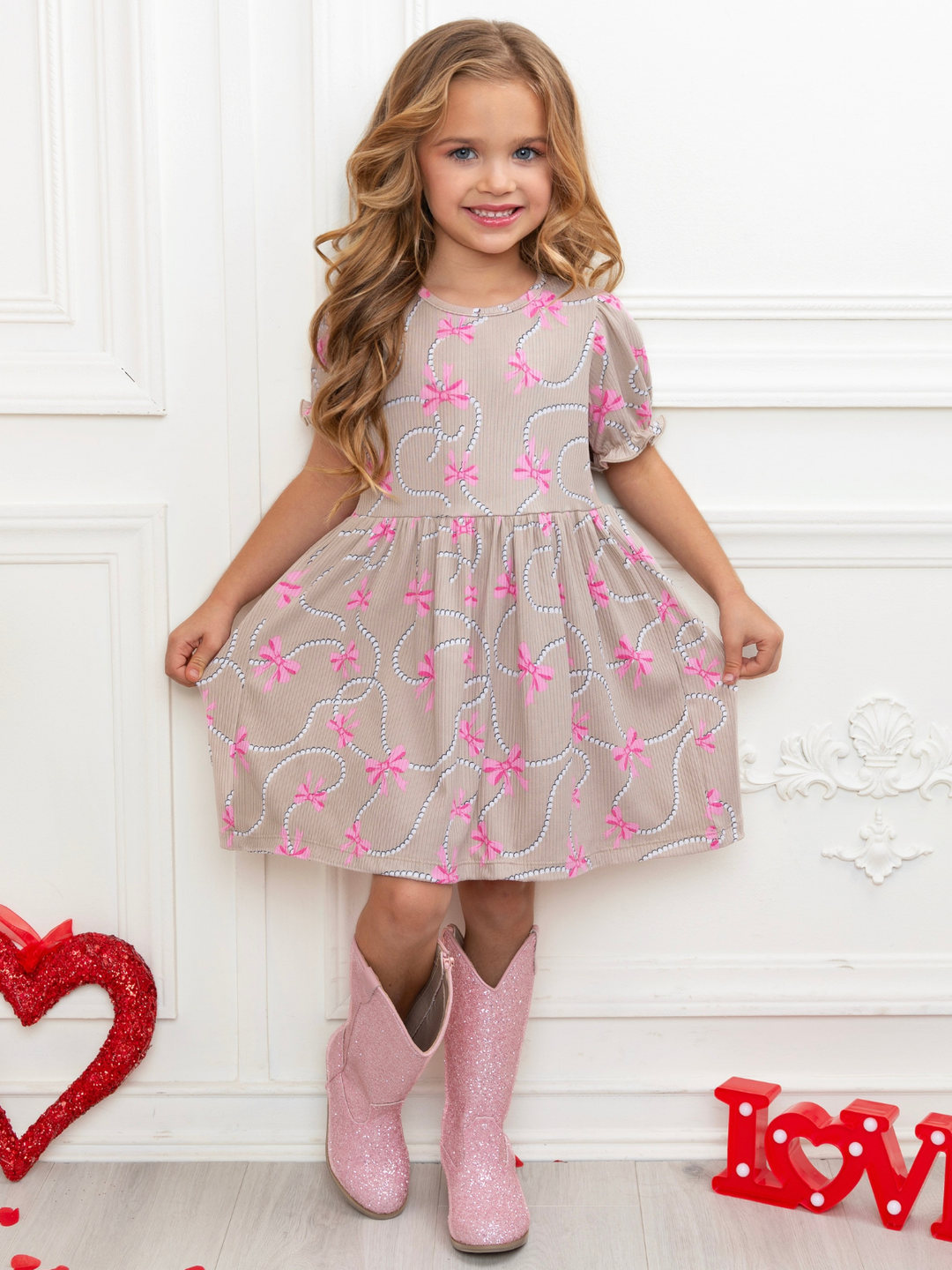 Bow Charm Beige Puff Sleeve Dress