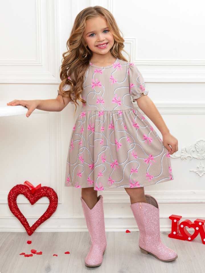 Bow Charm Beige Puff Sleeve Dress