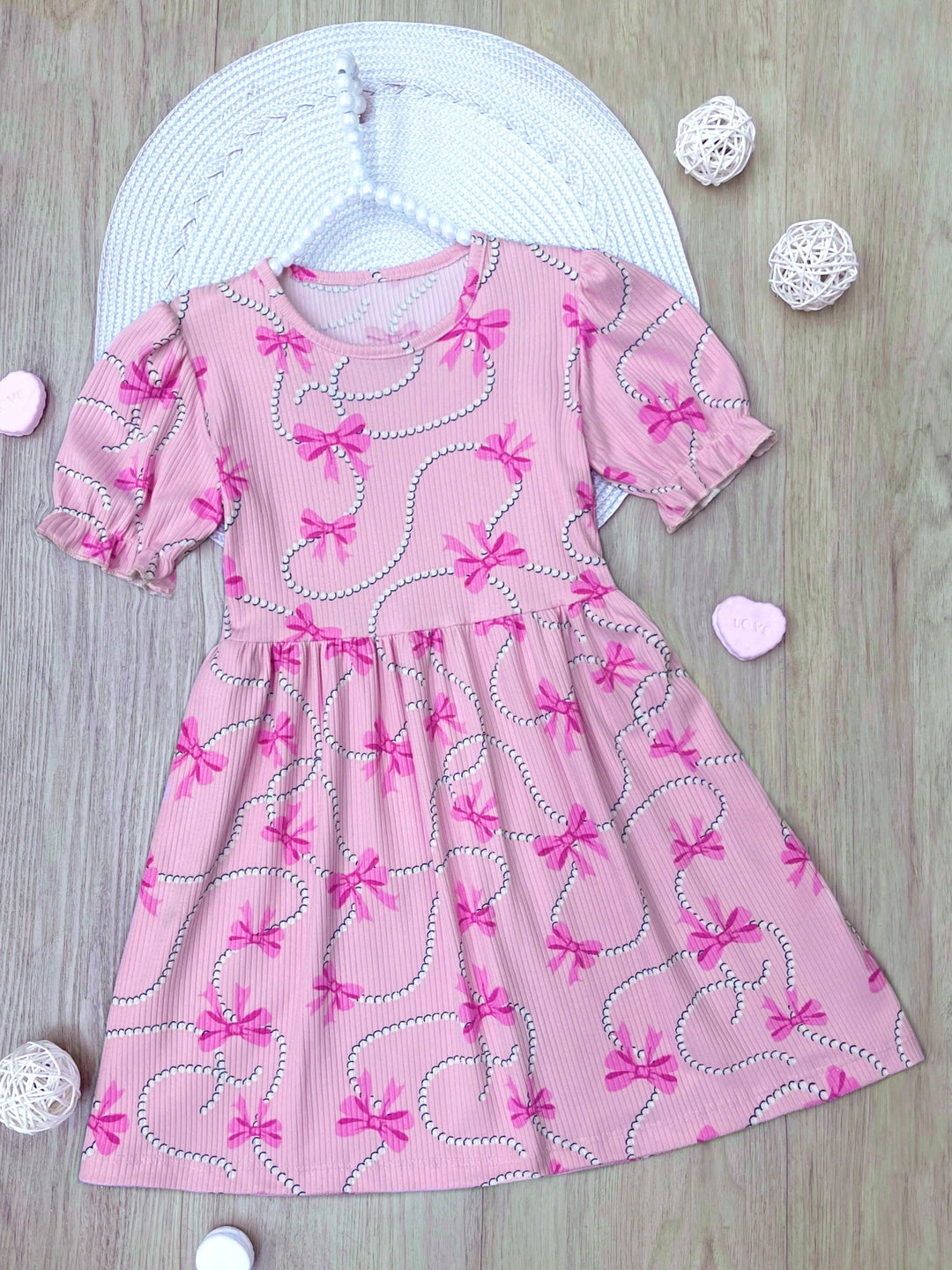 Pink Bow Charm Puff Sleeve Dress