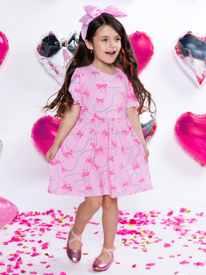 Bow Bliss Pink Puff Sleeve Dress