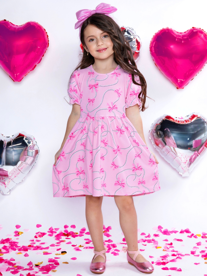 Bow Bliss Pink Puff Sleeve Dress