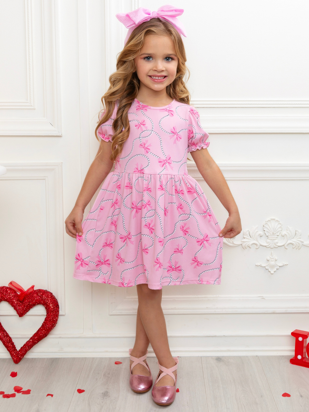 Pink Bow Charm Puff Sleeve Dress