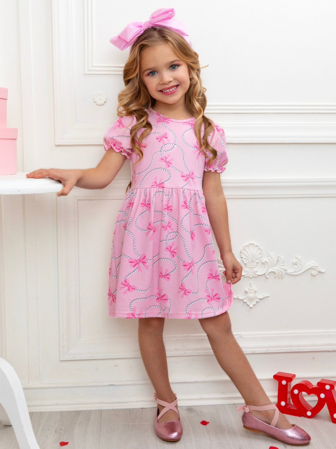 Pink Bow Charm Puff Sleeve Dress