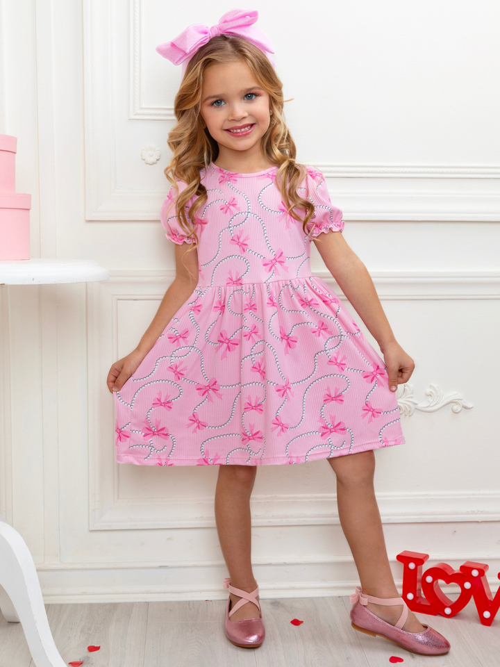 Pink Bow Charm Puff Sleeve Dress