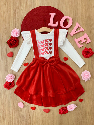 Mia Belle Girls Red Velvet Overall Skirt Set | Valentine's Outfits