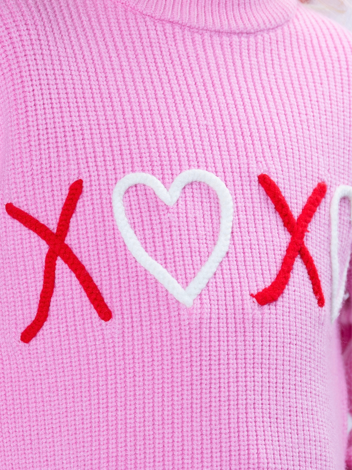 XOXO Embroidered Pink Sweater and Denim Skirt Set
