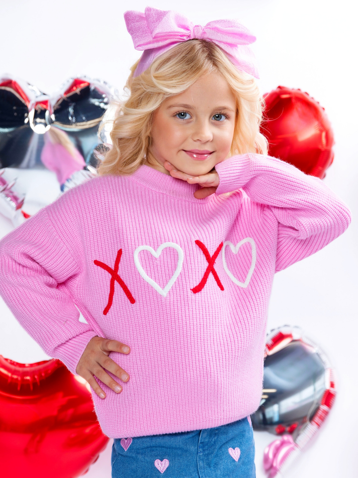 XOXO Embroidered Pink Sweater and Denim Skirt Set