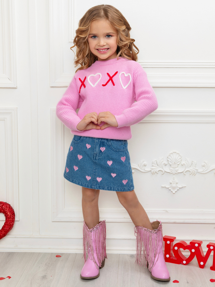 XOXO Embroidered Pink Sweater and Denim Skirt Set