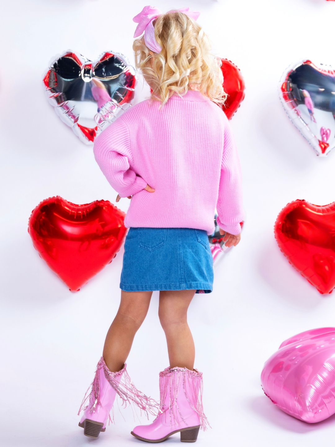 XOXO Embroidered Pink Sweater and Denim Skirt Set