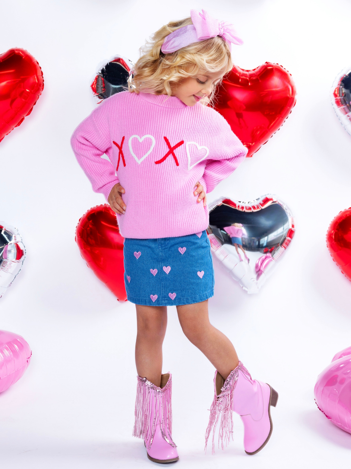 XOXO Embroidered Pink Sweater and Denim Skirt Set
