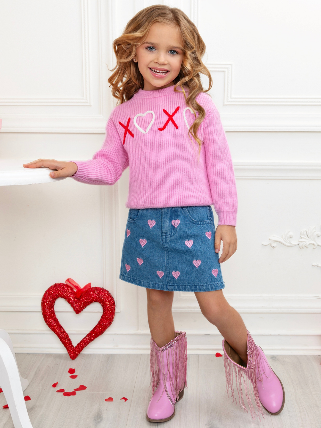 XOXO Embroidered Pink Sweater and Denim Skirt Set