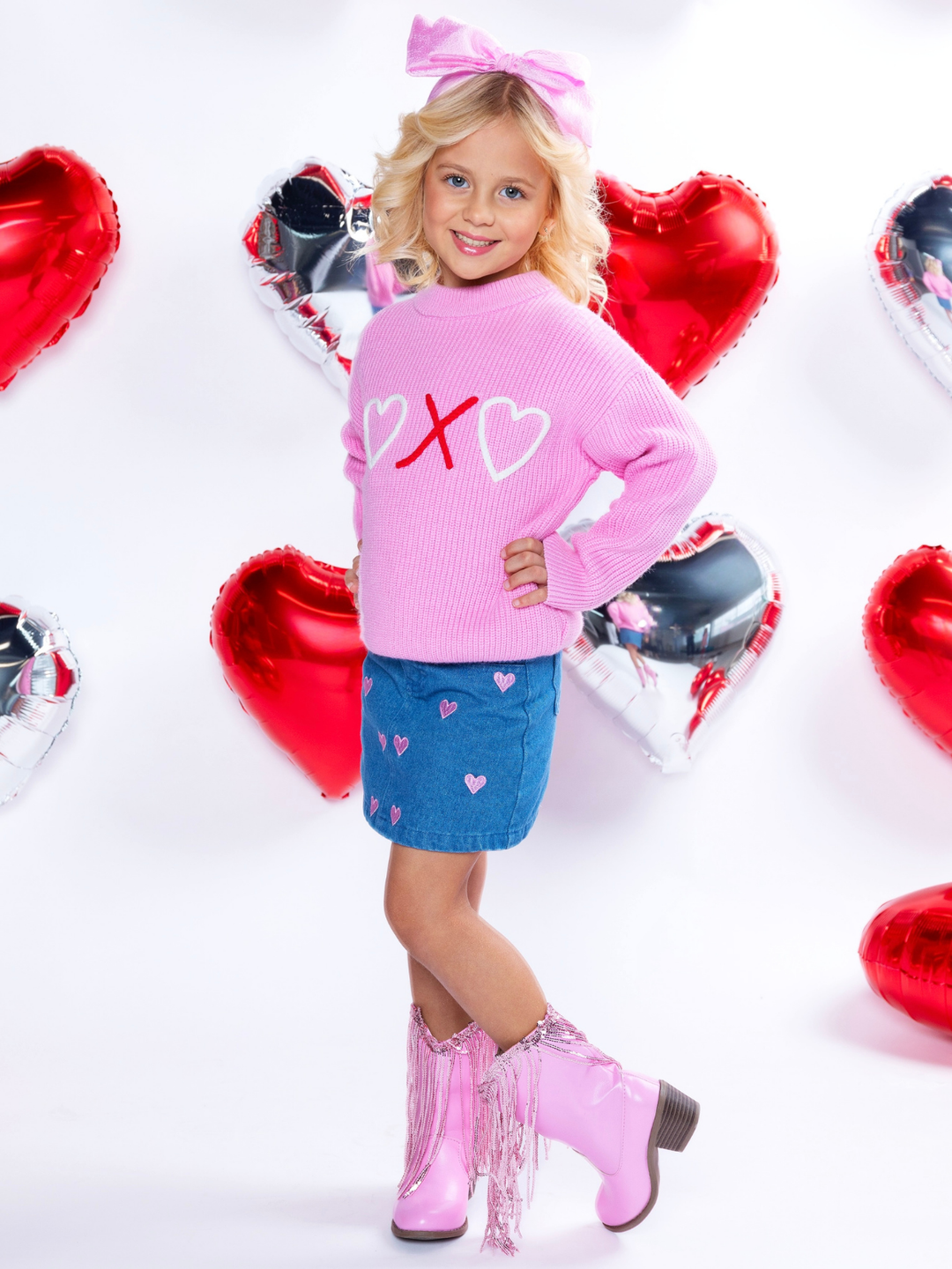 XOXO Embroidered Pink Sweater and Denim Skirt Set