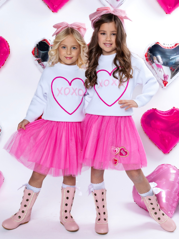 XOXO Embroidered Sweater and Heart Patch Tutu Skirt Set
