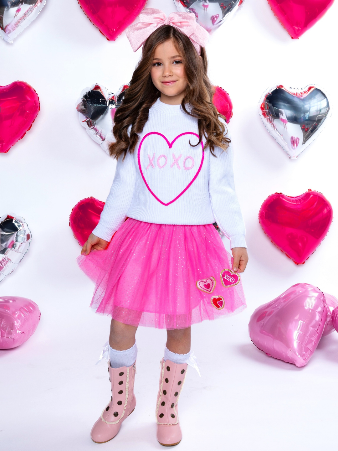 XOXO Embroidered Sweater and Heart Patch Tutu Skirt Set