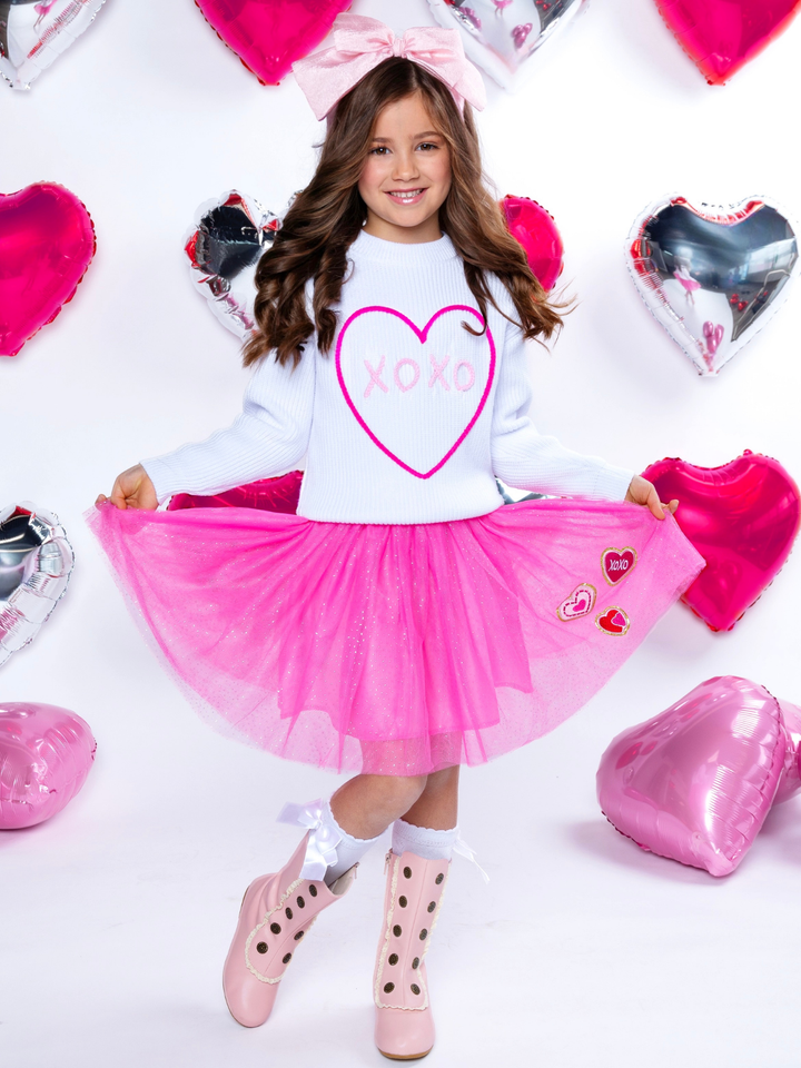 XOXO Embroidered Sweater and Heart Patch Tutu Skirt Set