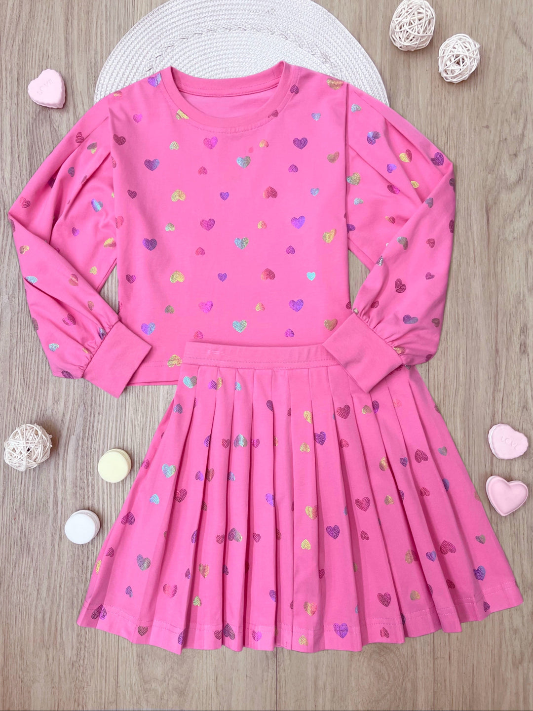 Love Struck Pink Foil Heart Sweater & Skirt Valentine’s Day Outfit