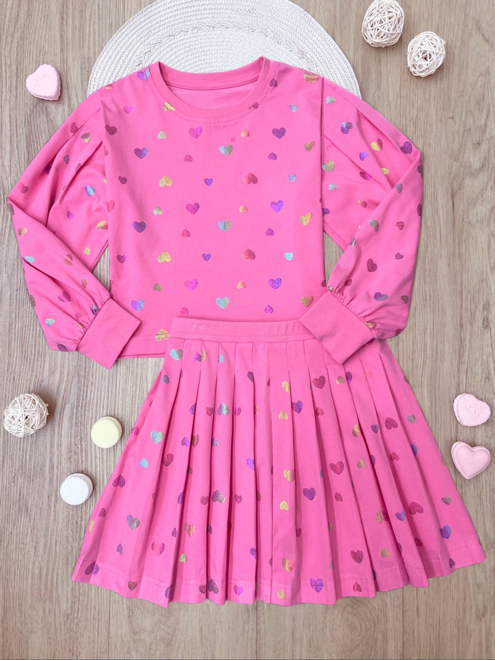 Love Struck Pink Foil Heart Sweater & Skirt Valentine’s Day Outfit