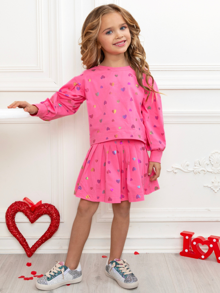 Love Struck Pink Foil Heart Sweater & Skirt Valentine’s Day Outfit