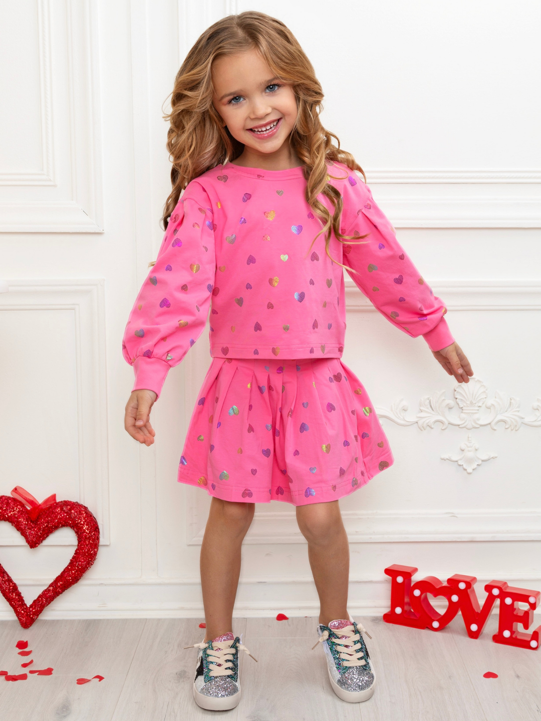 Love Struck Pink Foil Heart Sweater & Skirt Valentine’s Day Outfit