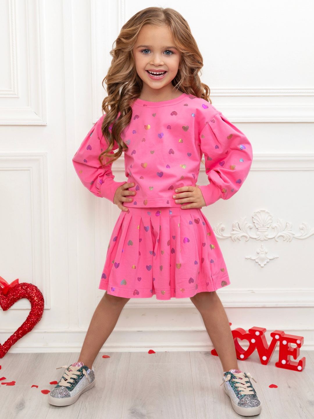 Love Struck Pink Foil Heart Sweater & Skirt Valentine’s Day Outfit