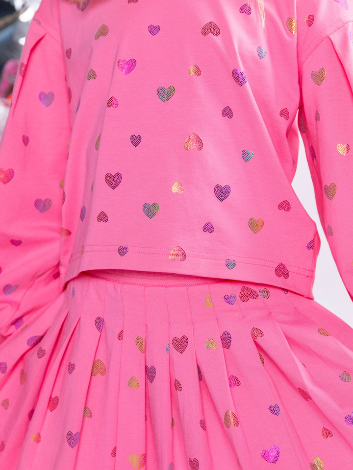 Love Struck Pink Foil Heart Sweater & Skirt Valentine’s Day Outfit