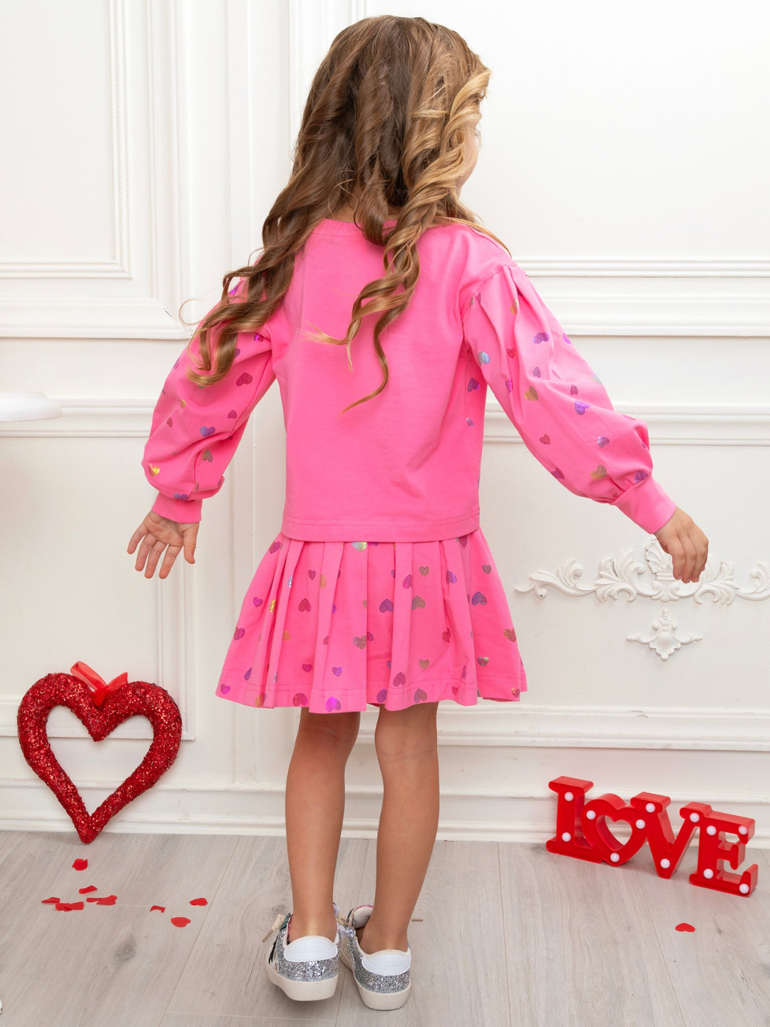 Love Struck Pink Foil Heart Sweater & Skirt Valentine’s Day Outfit