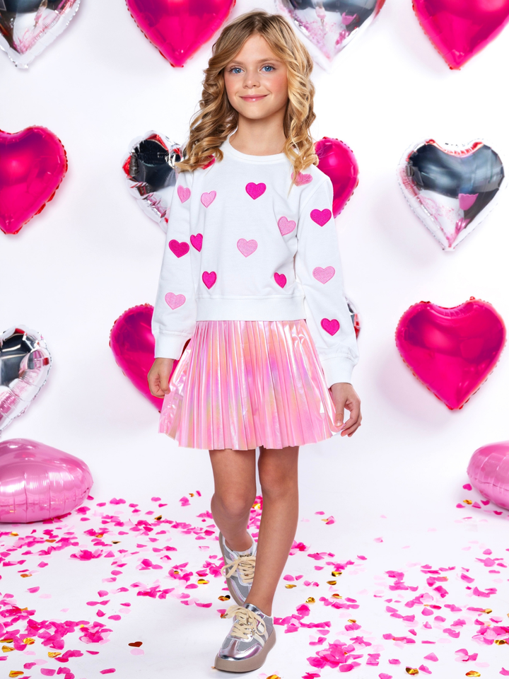 Sweet Heart Embroidered Top and Metallic Pleated Skirt Set