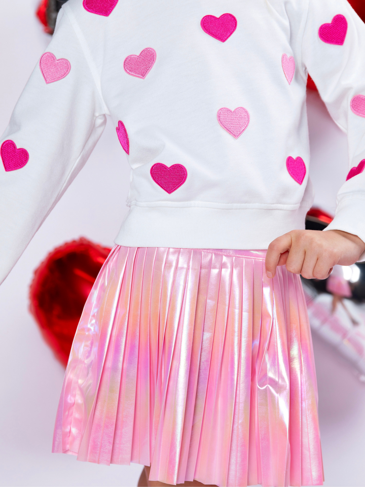 Sweet Heart Embroidered Top and Metallic Pleated Skirt Set